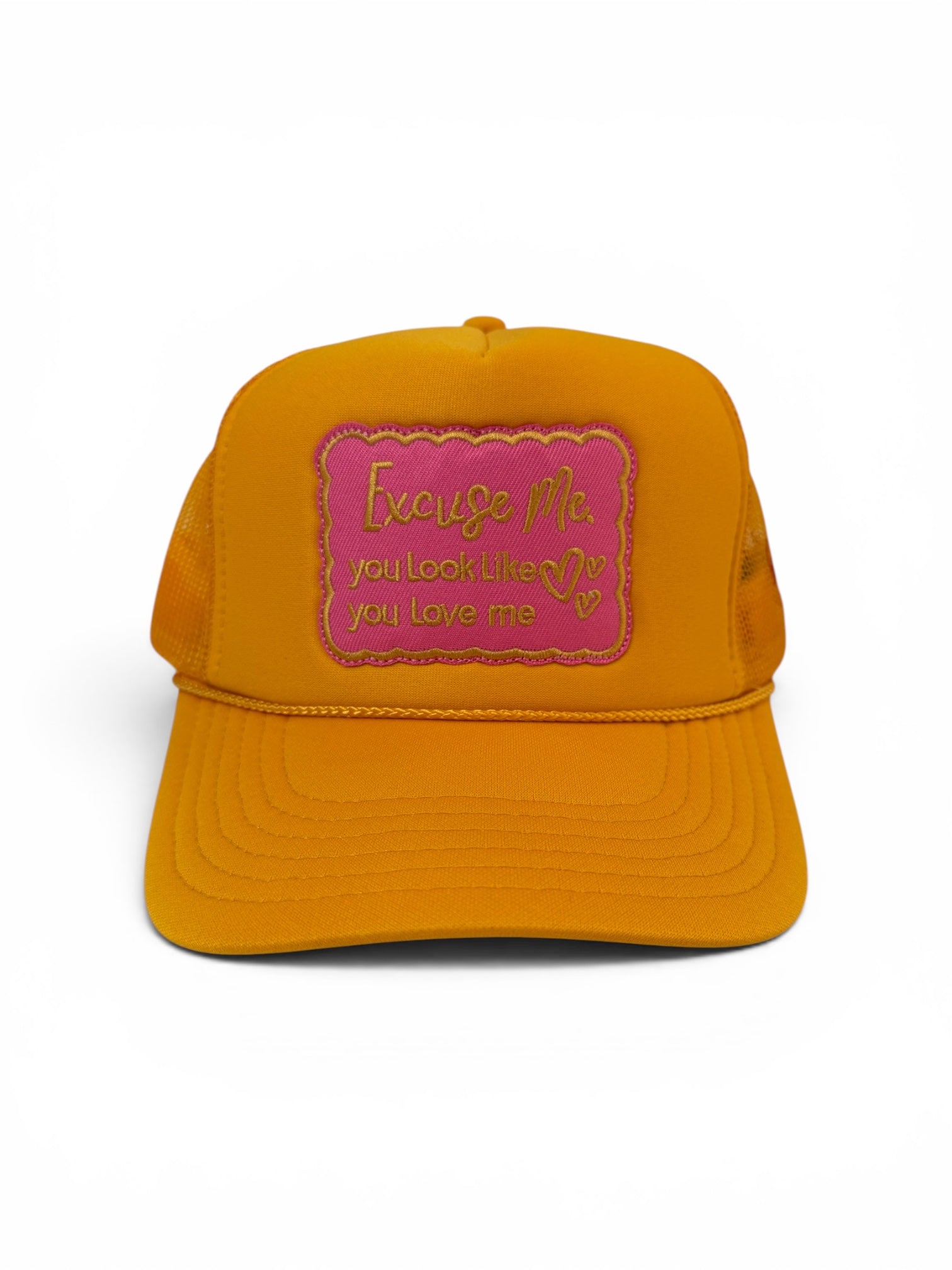 Excuse Me You Look Like You Love Me trucker hat mustard front view