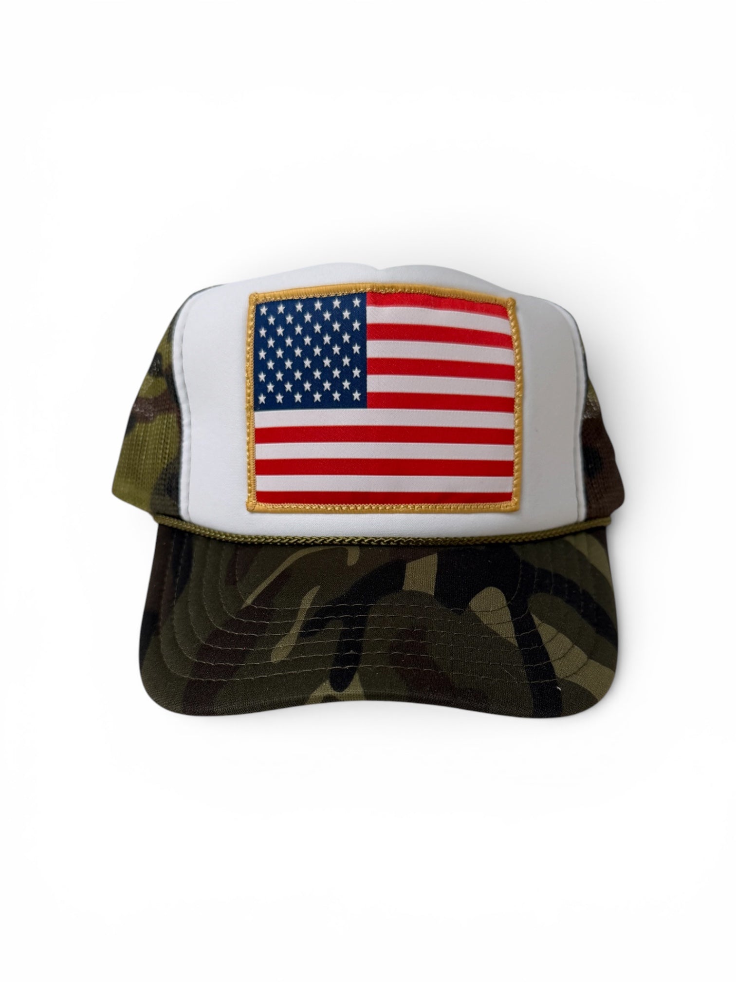 American flag patch trucker hat tan front view