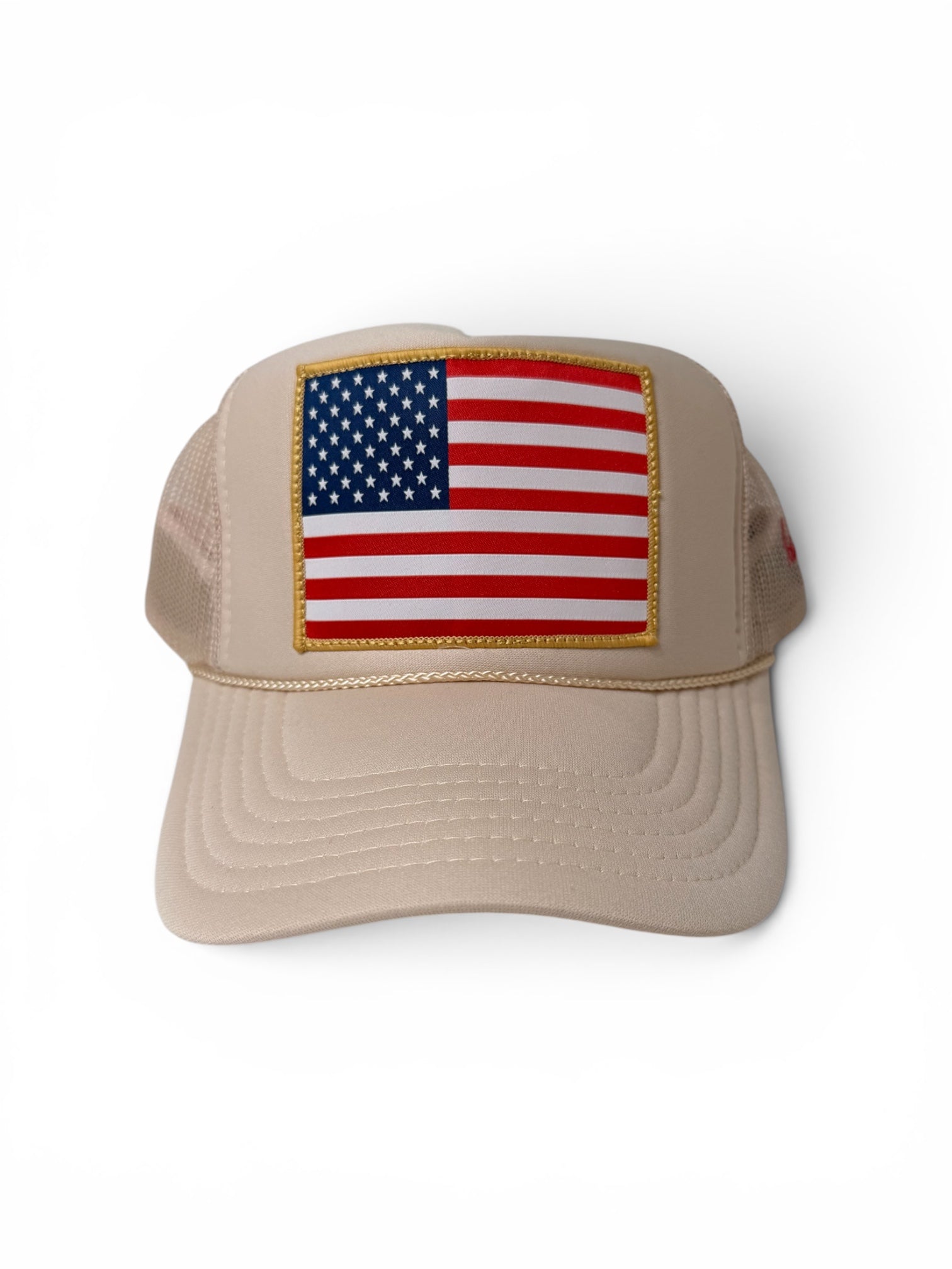 American flag patch trucker hat white front view