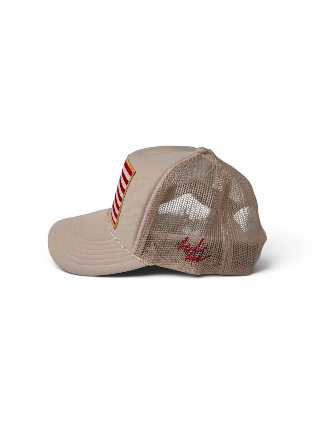 American flag patch trucker hat white side view