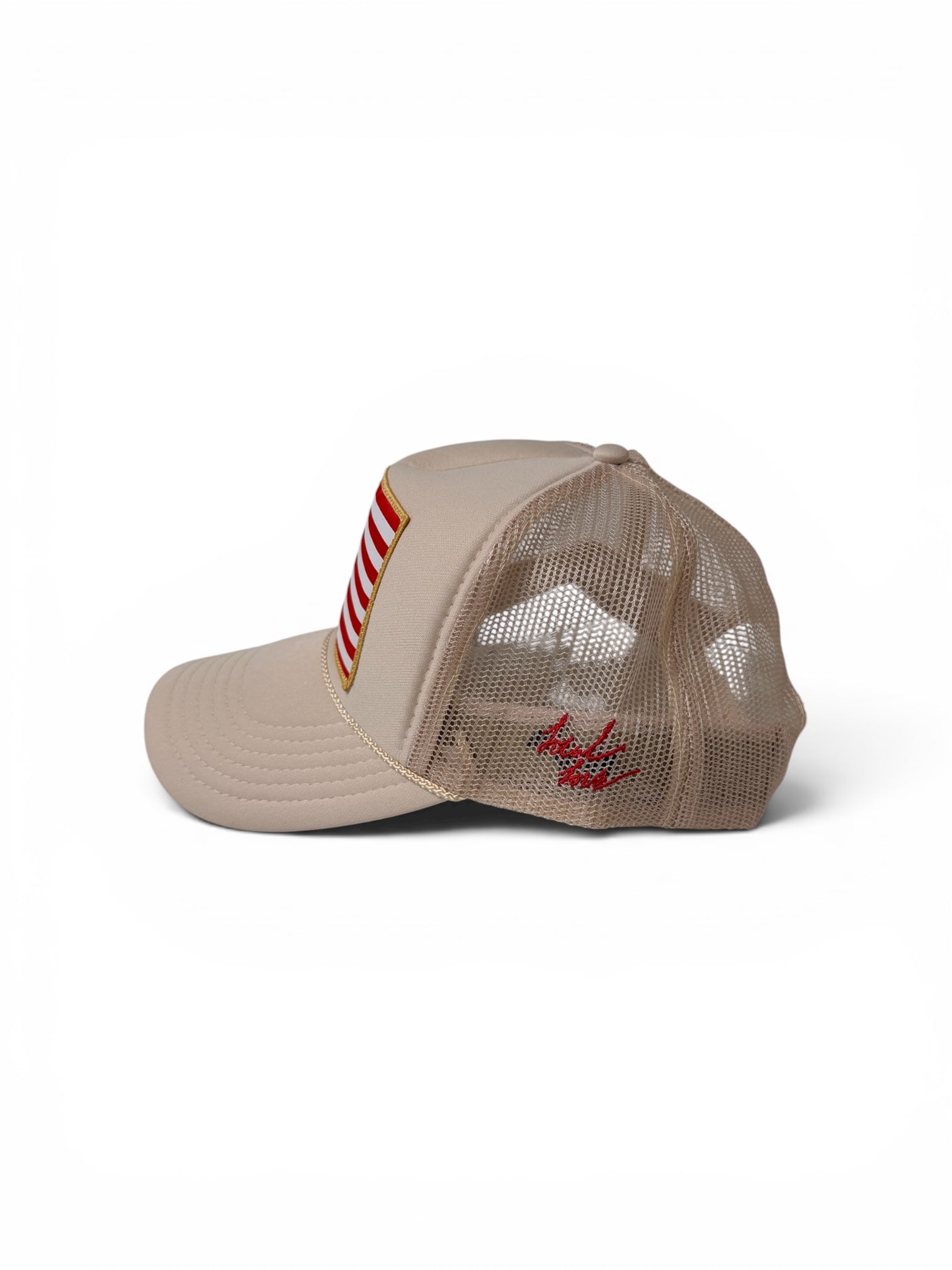 American flag patch trucker hat white side view
