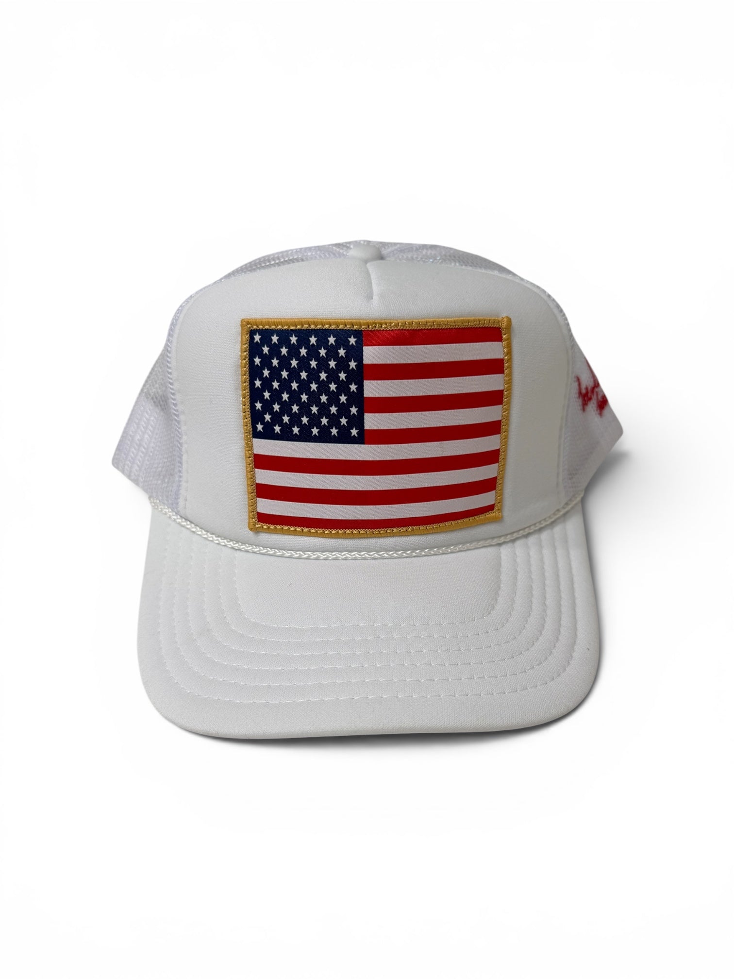 American flag patch trucker hat black front view