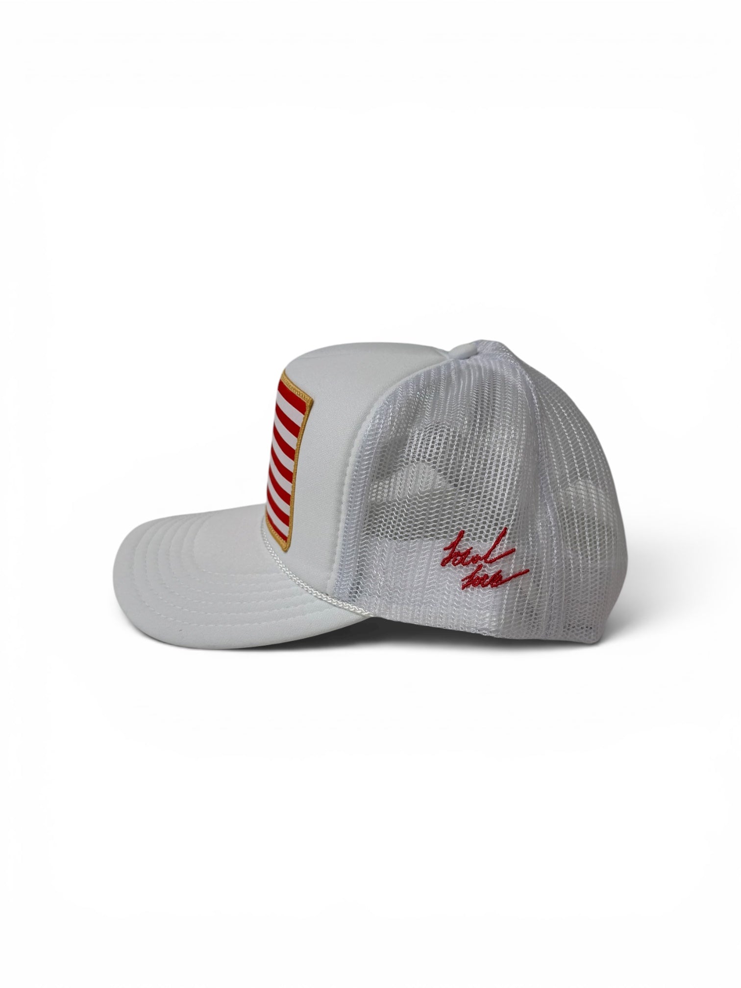 American flag patch trucker hat black side view