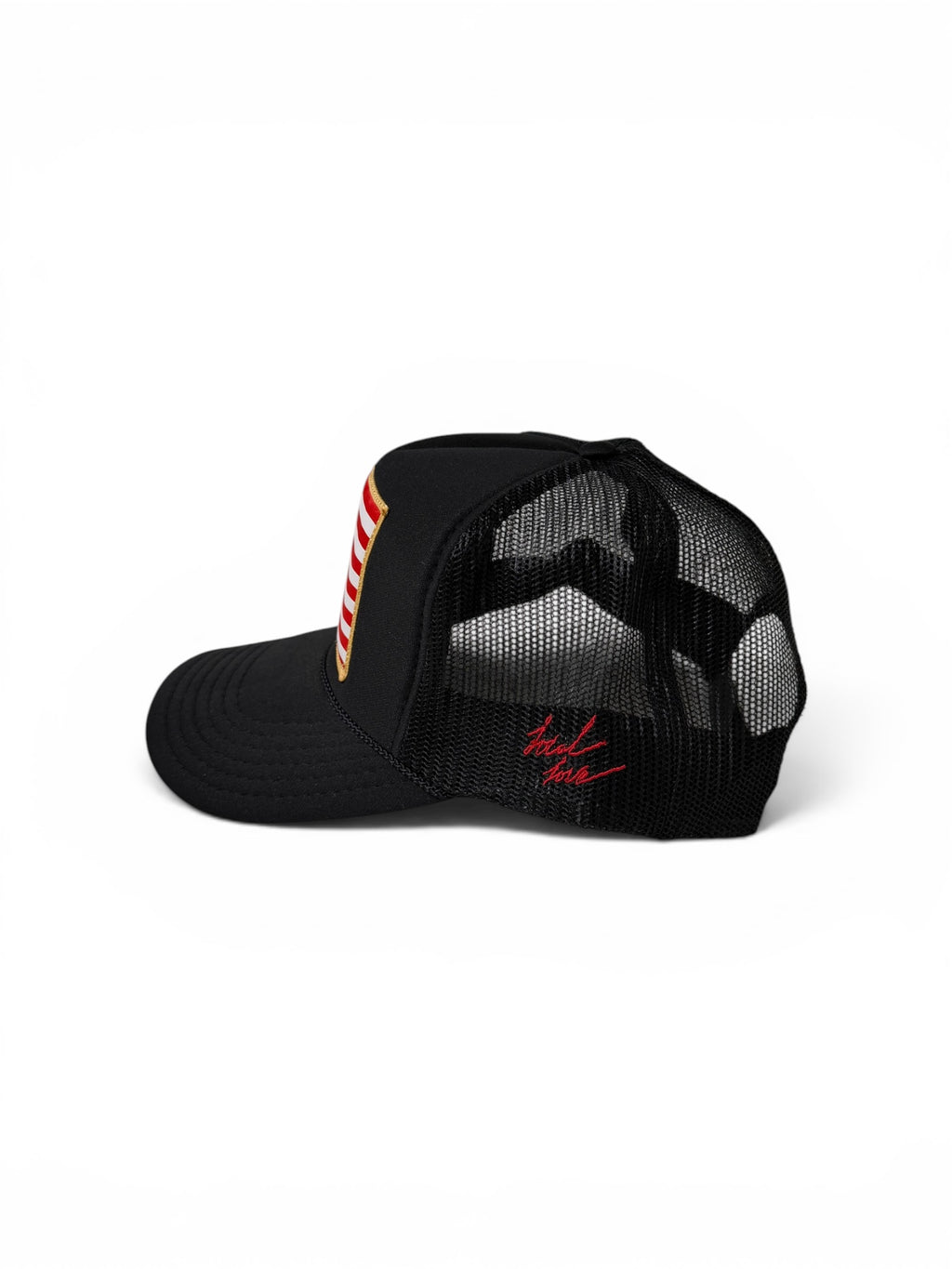 American flag patch trucker hat navy side view