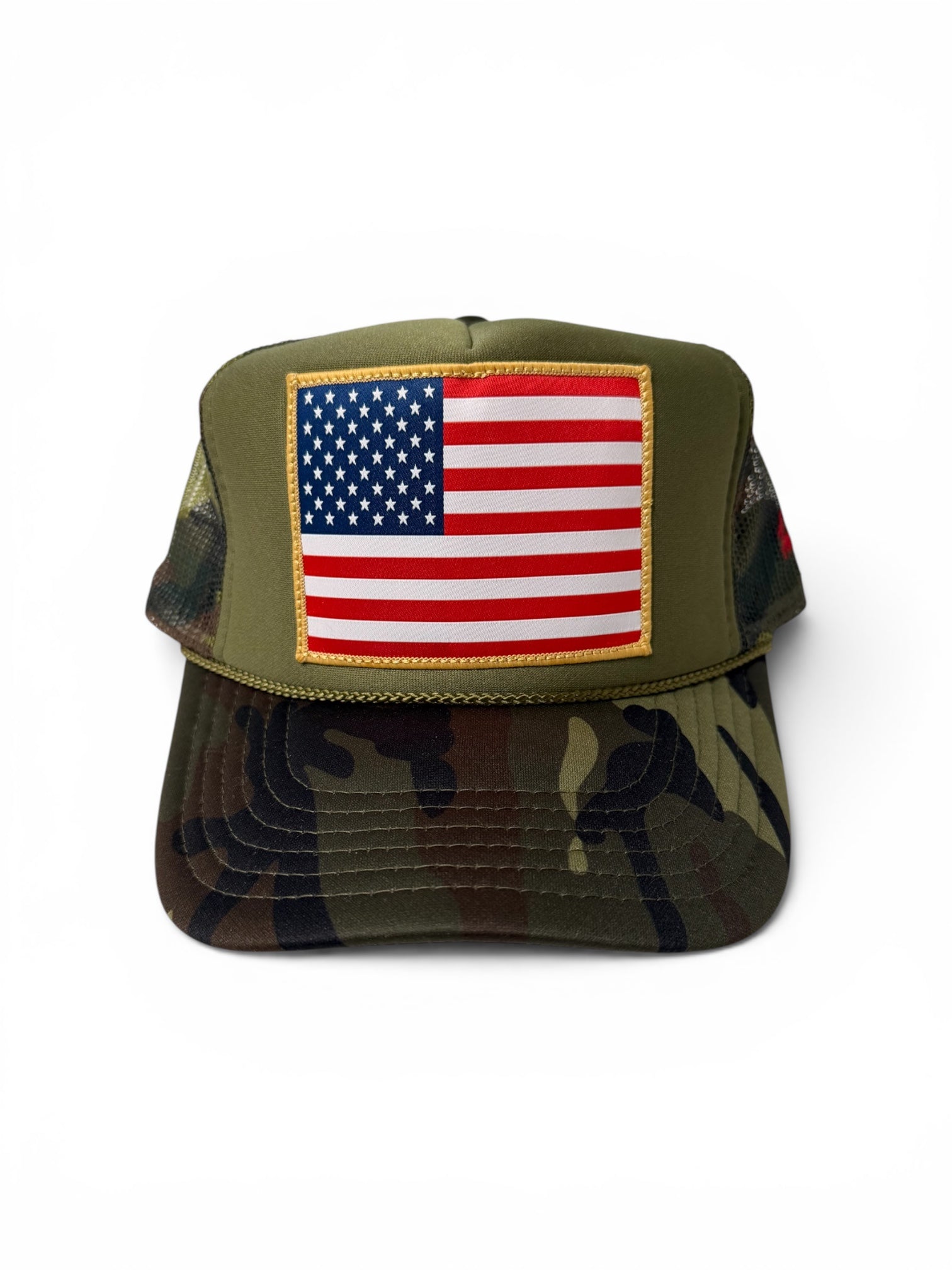 American flag patch trucker hat camo front view