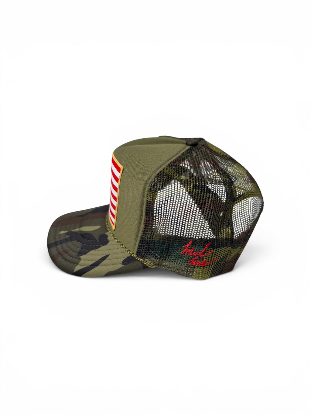 American flag patch trucker hat camo side view