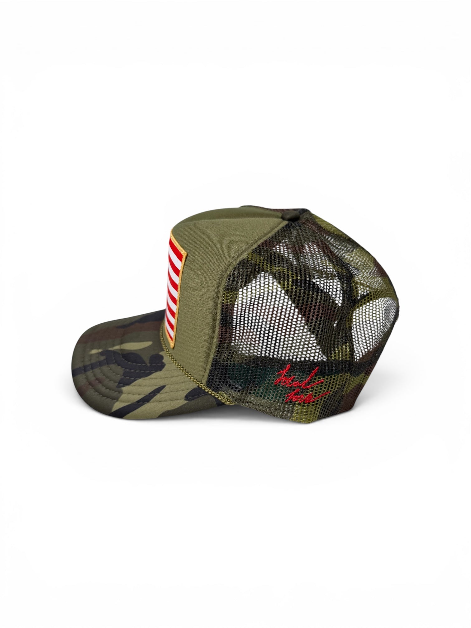 American flag patch trucker hat camo side view